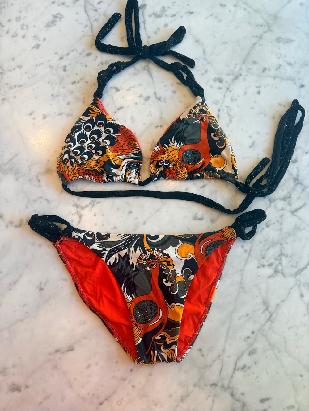 Vintage sauvage California Bold peacock & rhinestone Printed Triangle Bikini Set